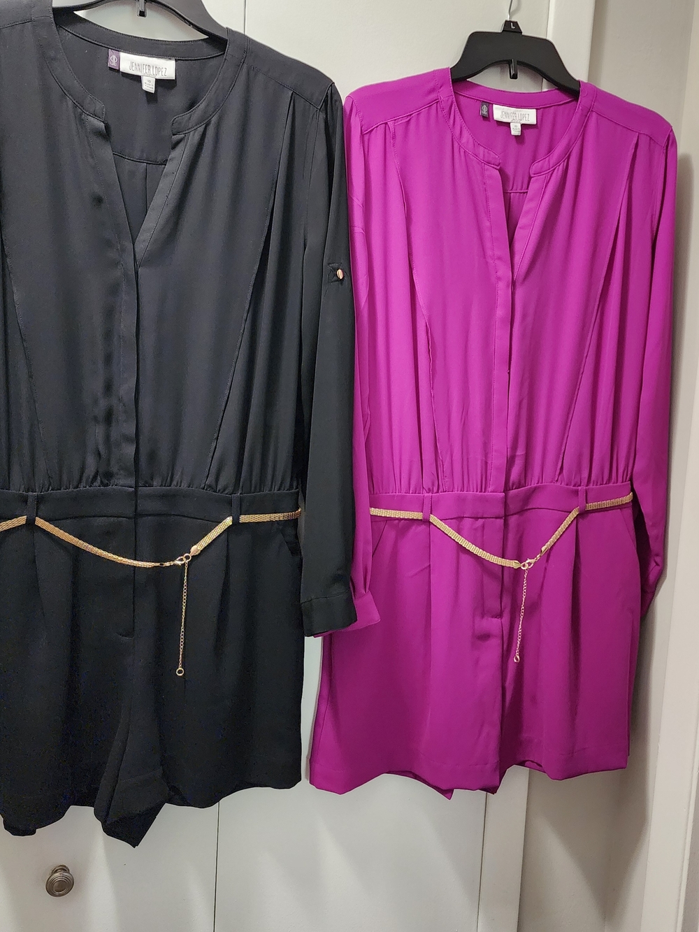 NWOT 2 JLO Magenta and Black Long-Sleeve Romper with Gold Chain Belt